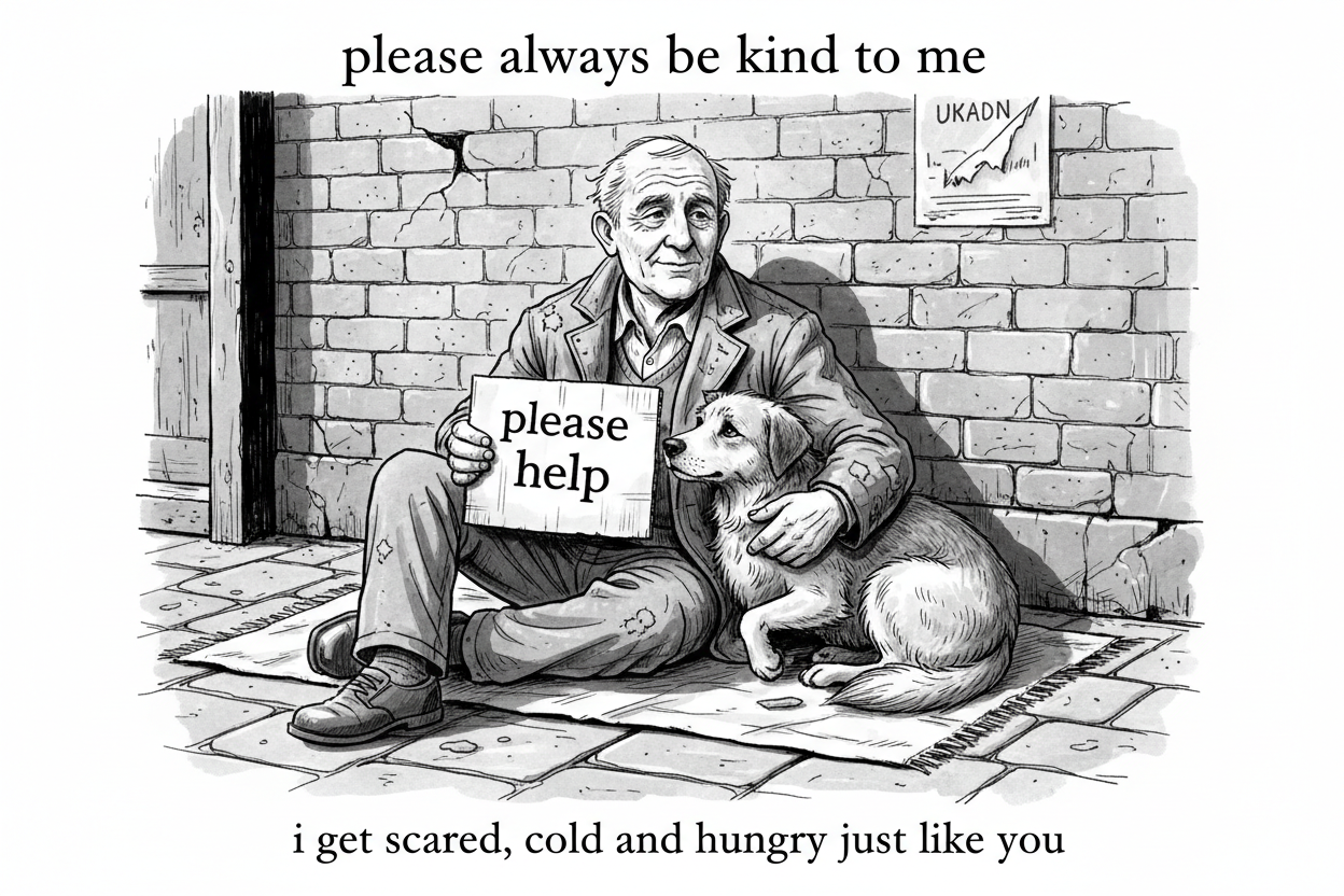Elderly man with dog on pavement with please help sign